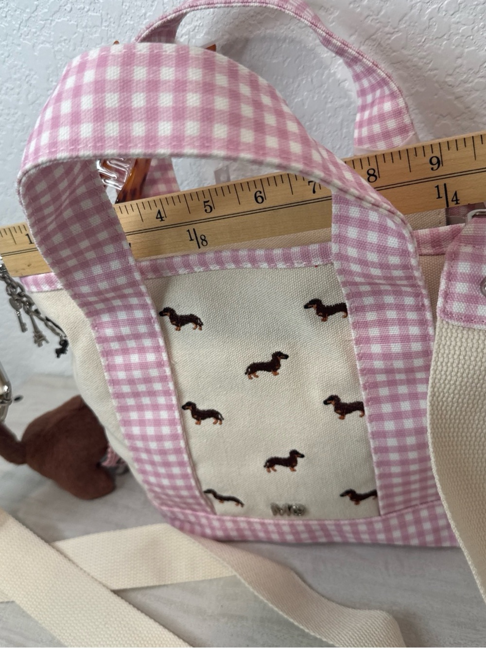 Madden Girl Dachshund Doxie Dog Pink Gingham Vidal Tote Bag CharmS NWT - Picture 12 of 14